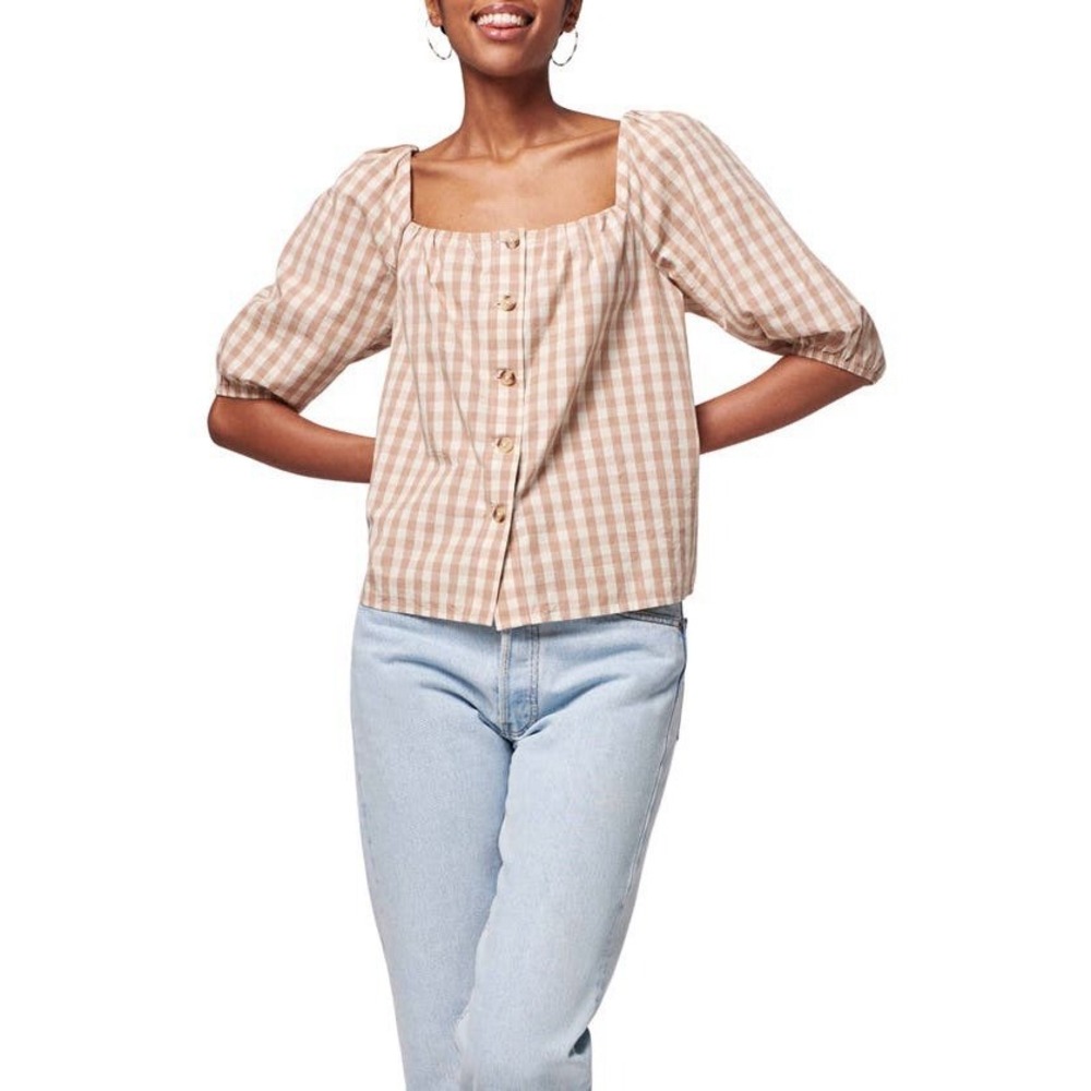 Faherty Cali Check Puff Sleeve Organic Cotton Top Charleston Gingham Size XS